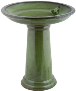 Esschert Design Ceramic Bird Bath On Pedestal With Bird - Green - 2 Pack