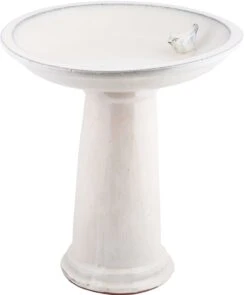 Esschert Design Ceramic Bird Bath On Pedestal With Bird - White - 2 Pack