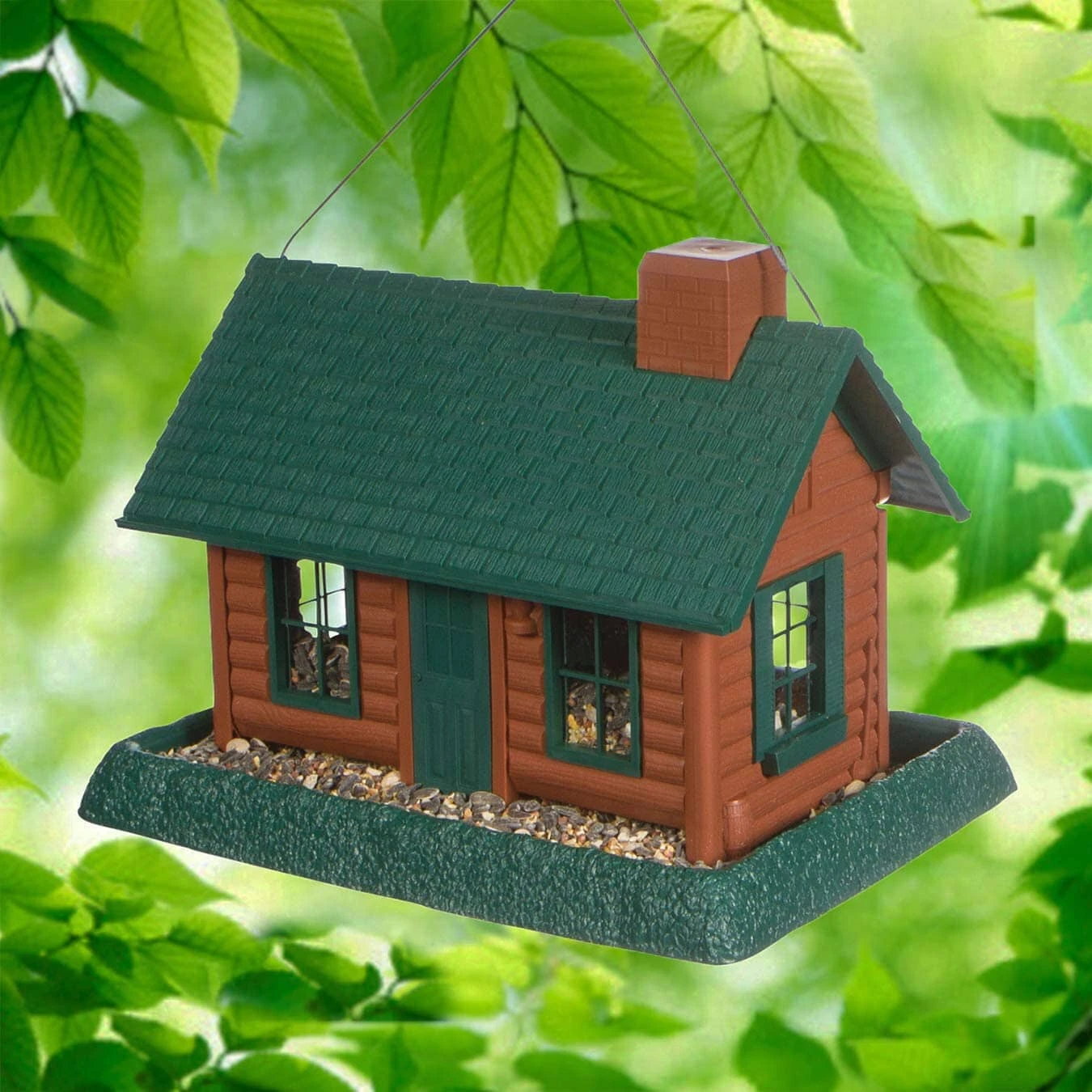 North States Village Collection Log Cabin Plastic Hopper Wild Bird Feeder - Green/Brown - 8 Lbs Cap 4 North States Village Collection Log Cabin Plastic Hopper Wild Bird Feeder - Green/Brown - 8 Lbs Cap - Image 2